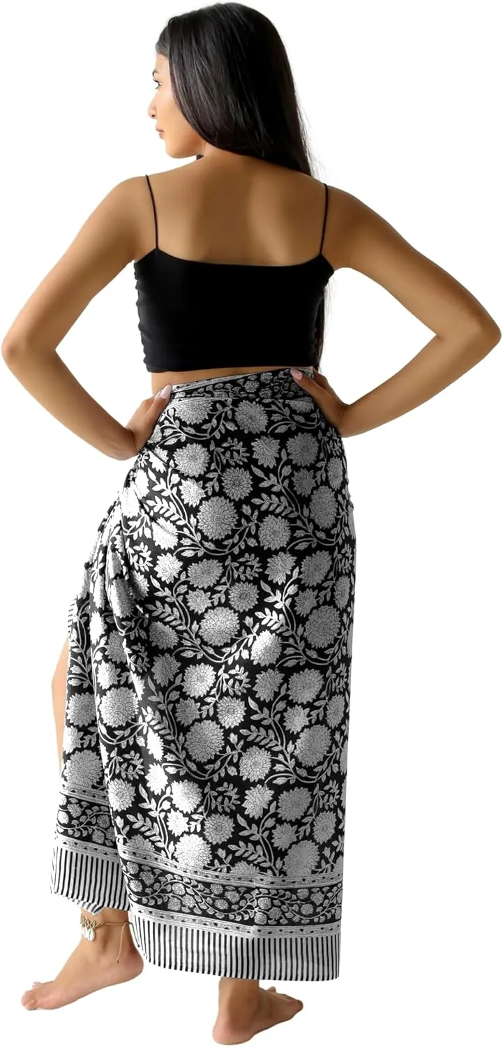 100% Cotton Sarong Coverup for Women Indian Hand Block Print Swimsuit Pareo Wrap Skirt Beach Bikini Cover Up Long (73" x 43")
