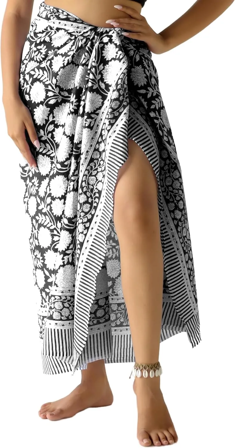 100% Cotton Sarong Coverup for Women Indian Hand Block Print Swimsuit Pareo Wrap Skirt Beach Bikini Cover Up Long (73" x 43")