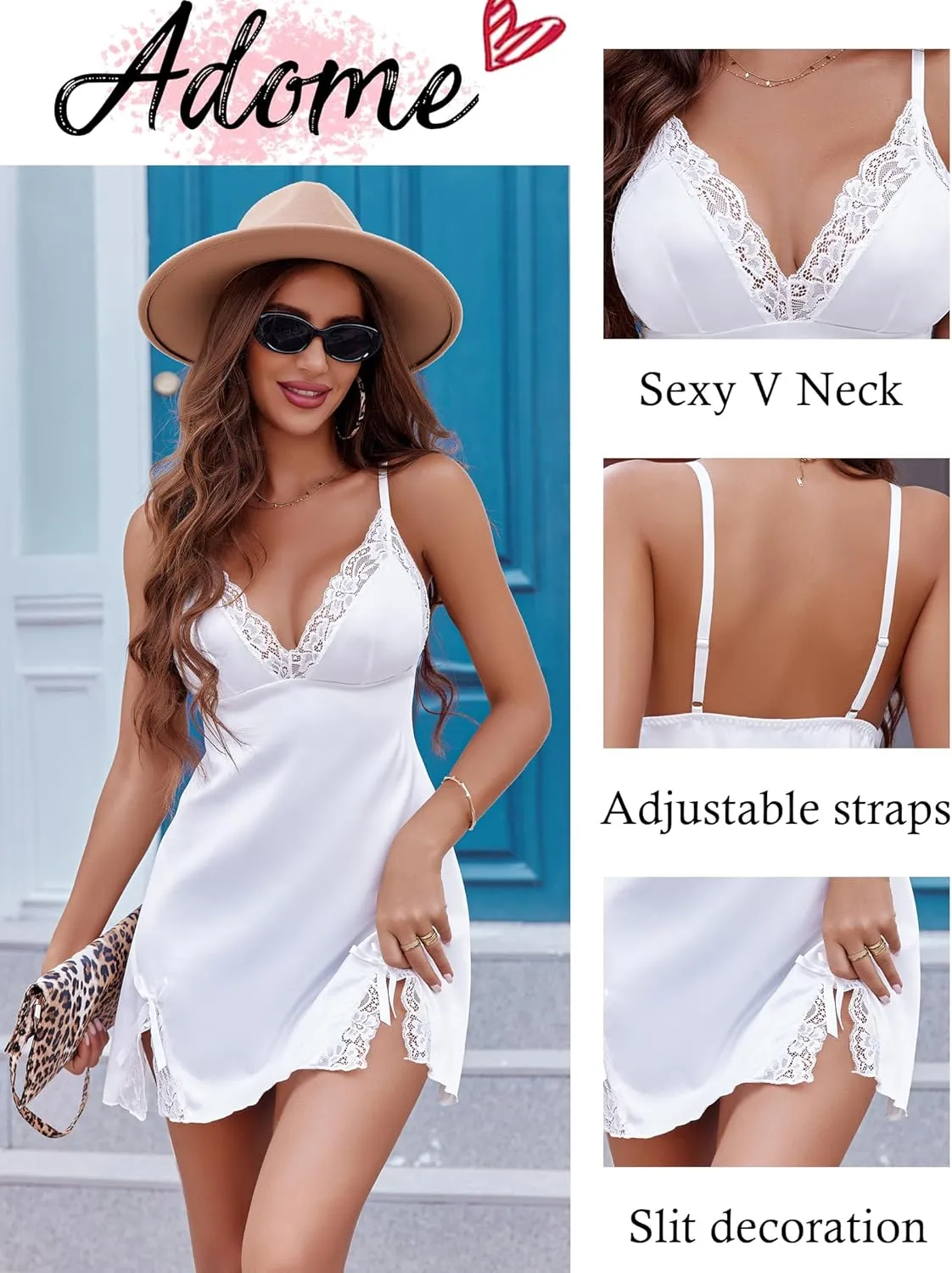 ADOME Lingerie for Women Lace Chemise Nightgown Satin Babydoll Dress Silk Slip Nightwear S-XXL