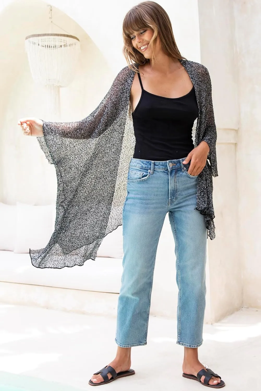 Back From Bali Womens Sheer Long Cardigan Lightweight Mesh Knit Kimono Duster  Sleeves Shrug with Curved Hem