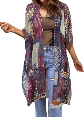 BB&KK Women Kimono Cardigans Casual Summer Tops Beach Cover up Open Front Floral Print Chiffon Loose Bikini Cover Ups