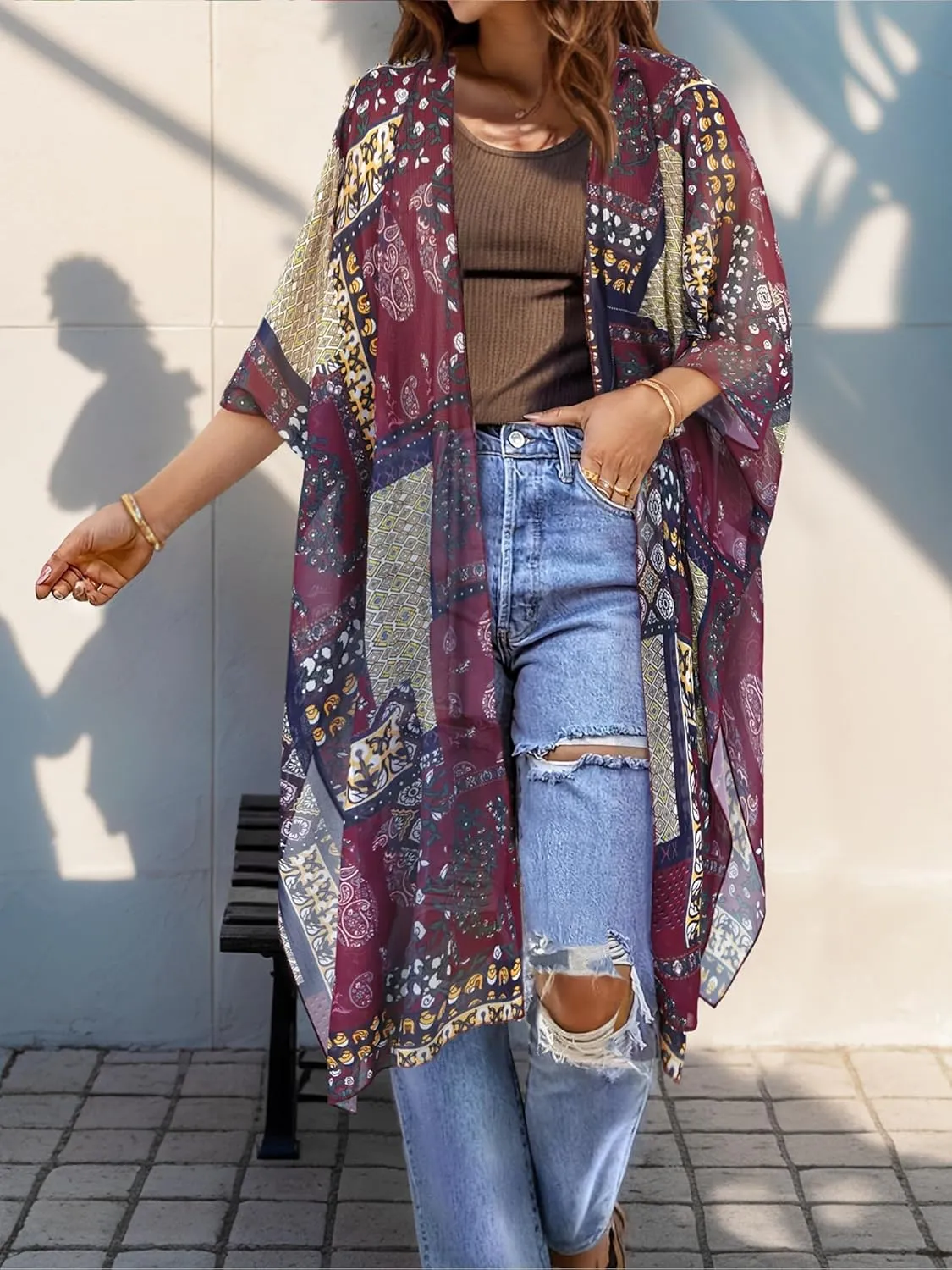 BB&KK Women Kimono Cardigans Casual Summer Tops Beach Cover up Open Front Floral Print Chiffon Loose Bikini Cover Ups