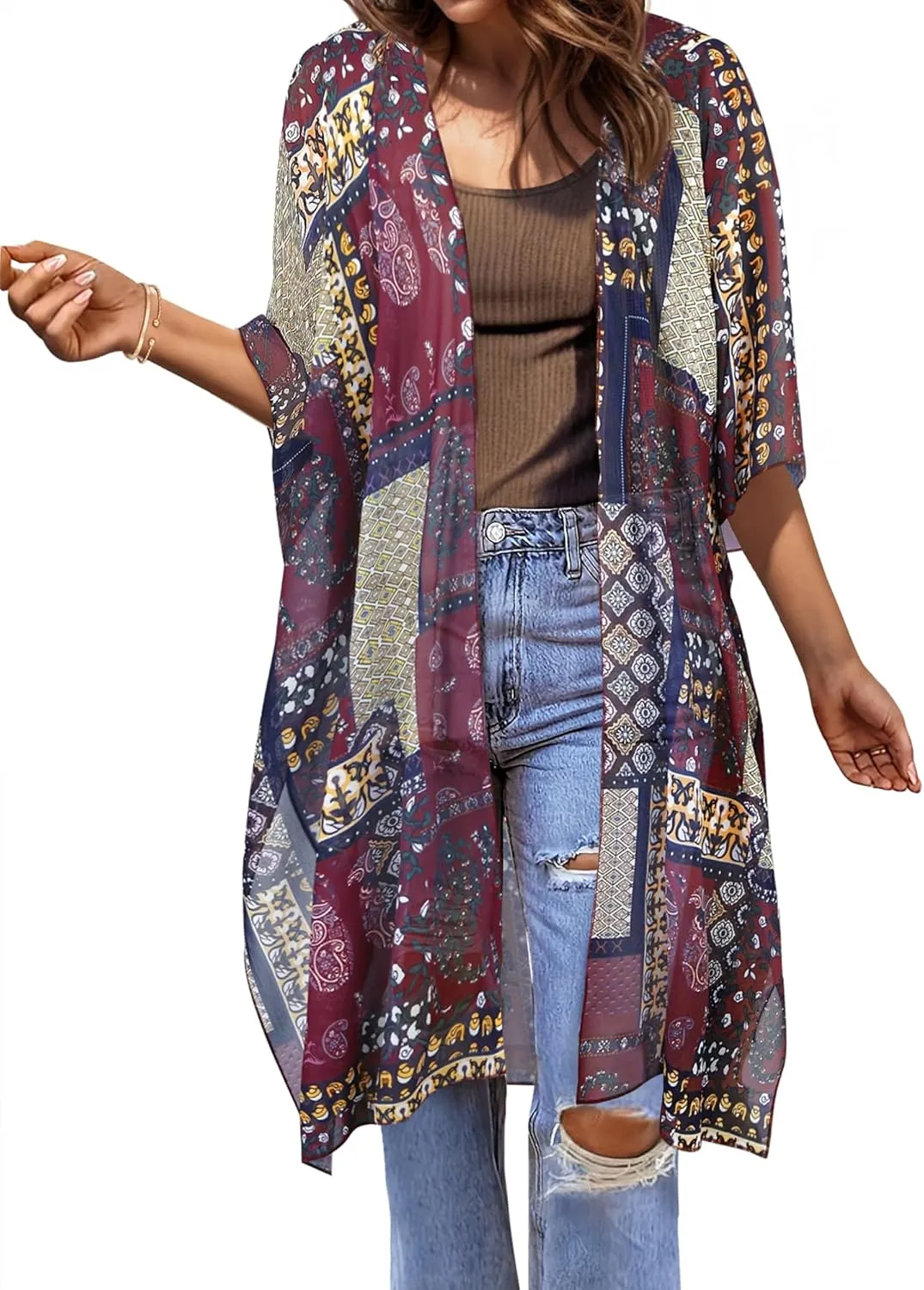 BB&KK Women Kimono Cardigans Casual Summer Tops Beach Cover up Open Front Floral Print Chiffon Loose Bikini Cover Ups
