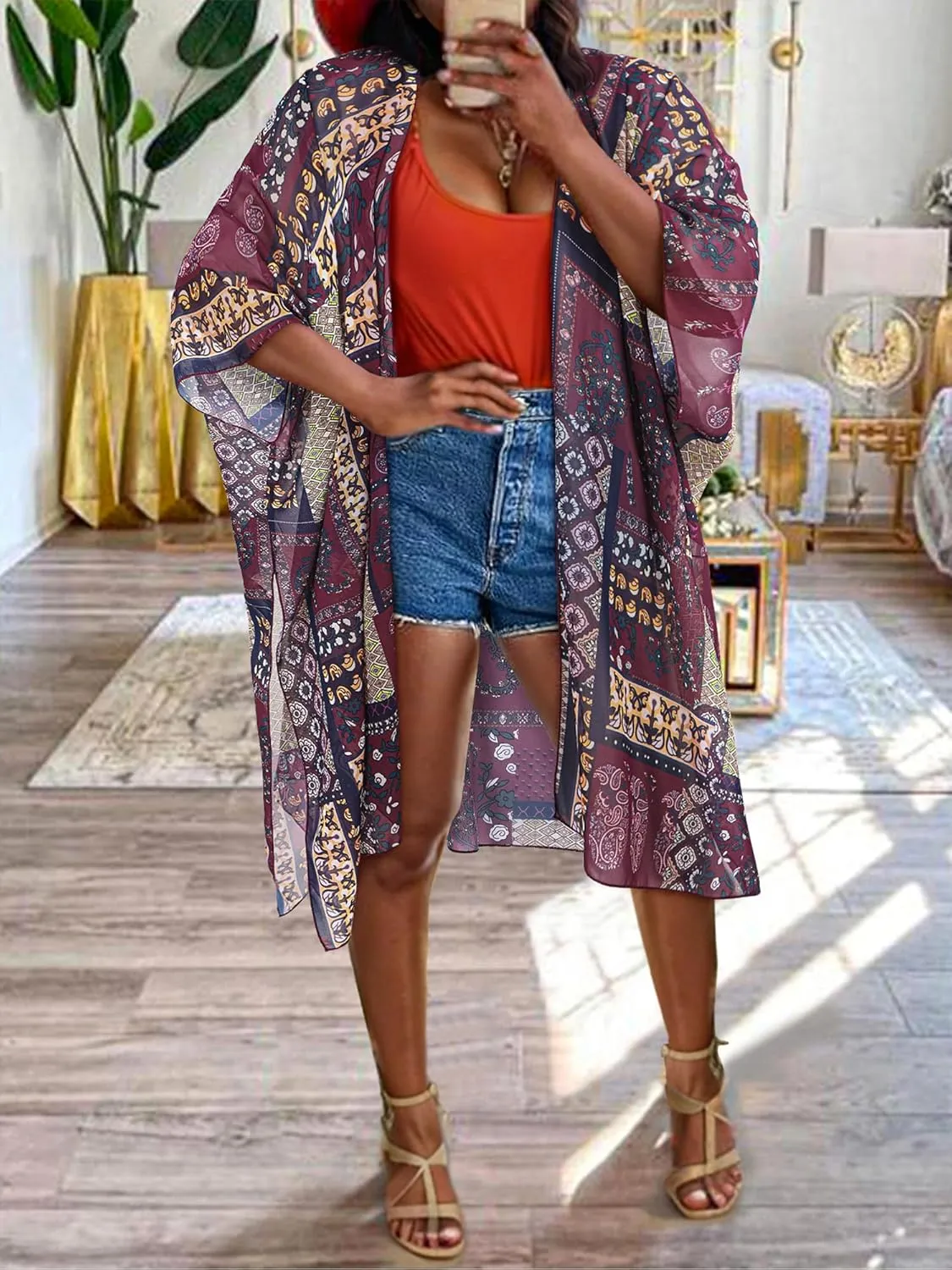 BB&KK Women Kimono Cardigans Casual Summer Tops Beach Cover up Open Front Floral Print Chiffon Loose Bikini Cover Ups