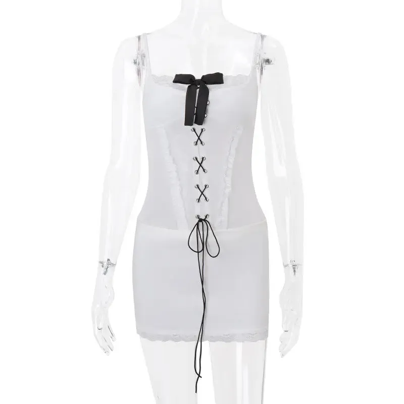 Bow Bandage Lace Stitching Hot Girl Sling Dress | Trendy Sleeveless Polyester Summer Beach Party Dress
