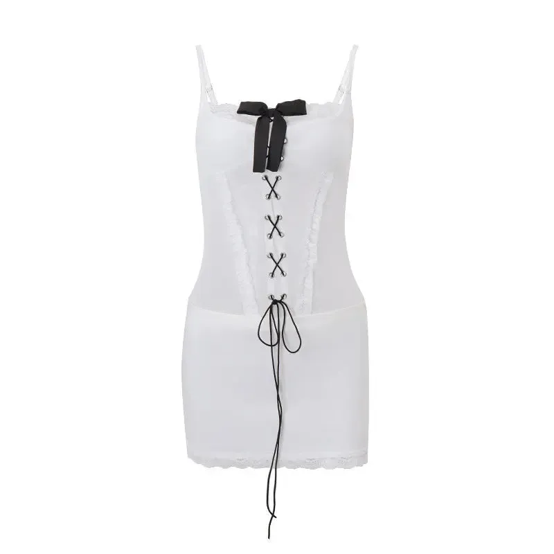 Bow Bandage Lace Stitching Hot Girl Sling Dress | Trendy Sleeveless Polyester Summer Beach Party Dress