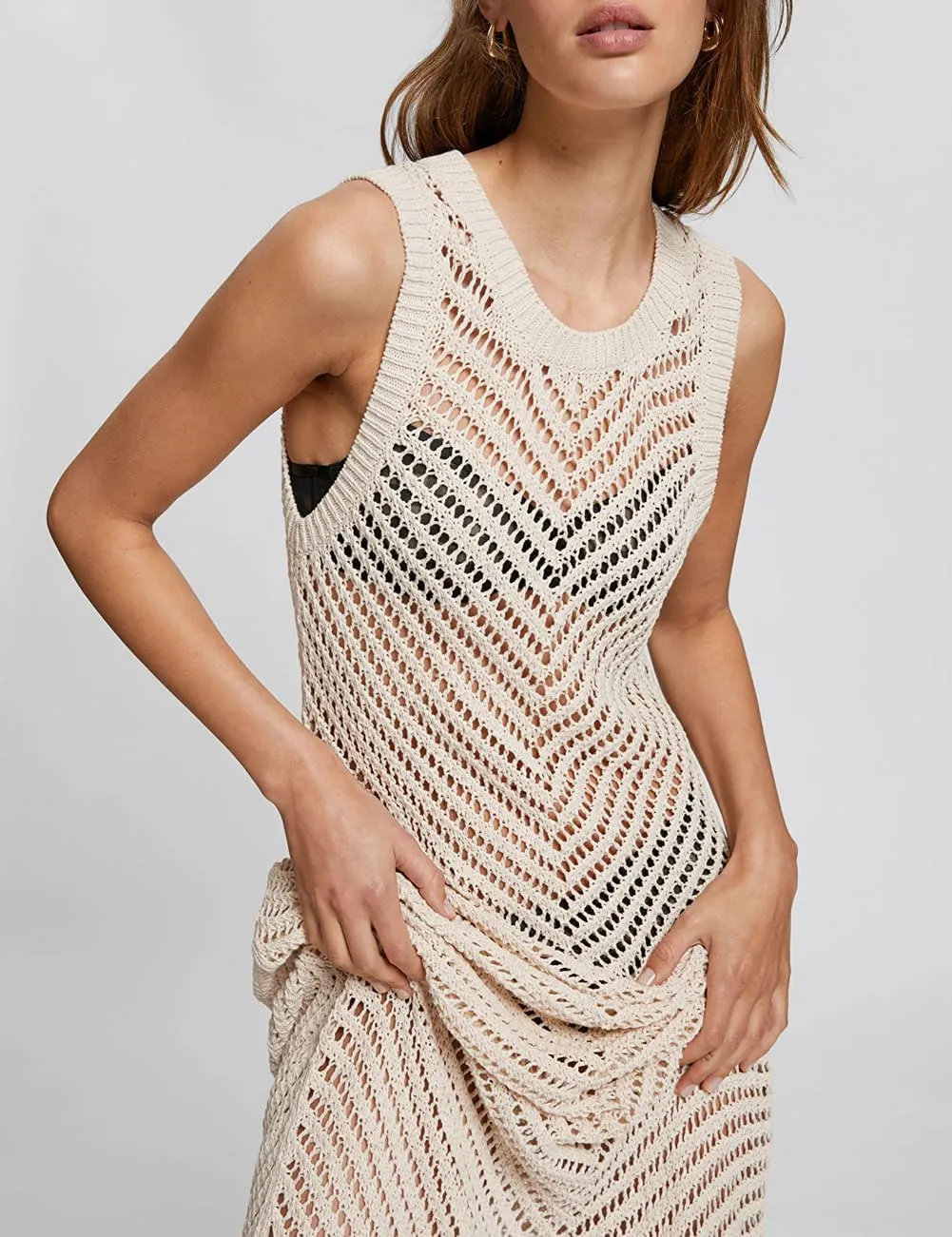 Bsubseach Women Crochet Swimsuit Cover Up Sleeveless Hollow Out Long Swim Coverup Beach Dress