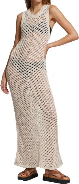 Bsubseach Women Crochet Swimsuit Cover Up Sleeveless Hollow Out Long Swim Coverup Beach Dress