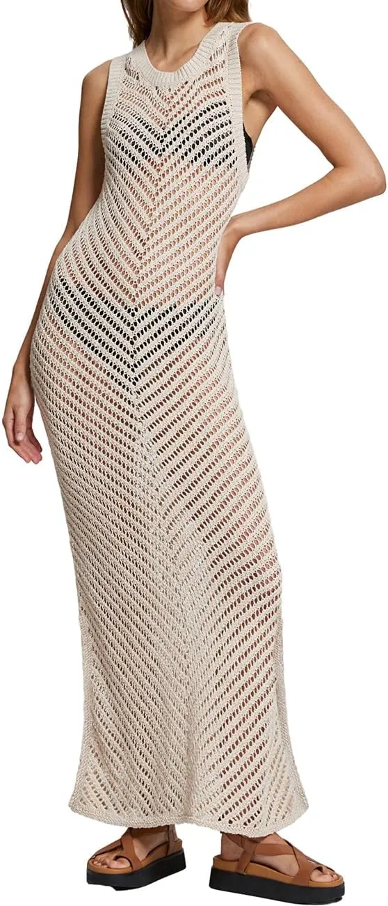 Bsubseach Women Crochet Swimsuit Cover Up Sleeveless Hollow Out Long Swim Coverup Beach Dress