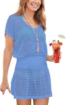 Bsubseach Women Hollow Out Beachwear Swim Cover Ups Short Sleeve V Neck Beach Vacation Tunic Dress