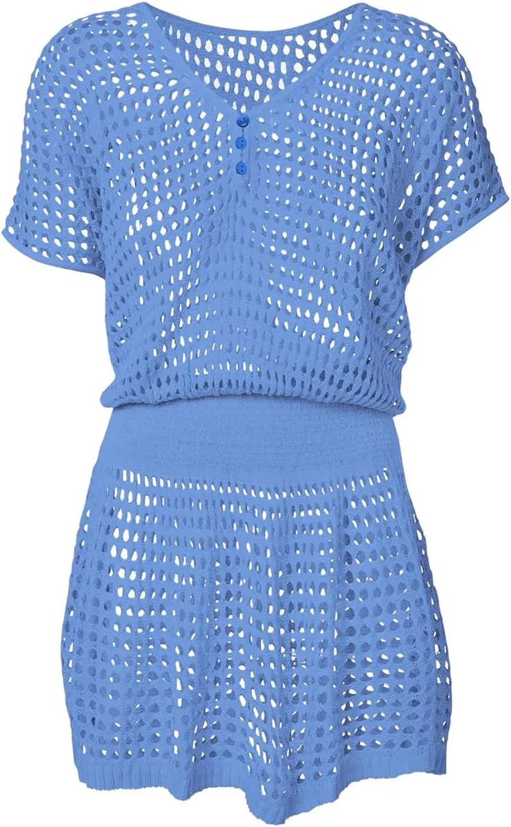 Bsubseach Women Hollow Out Beachwear Swim Cover Ups Short Sleeve V Neck Beach Vacation Tunic Dress