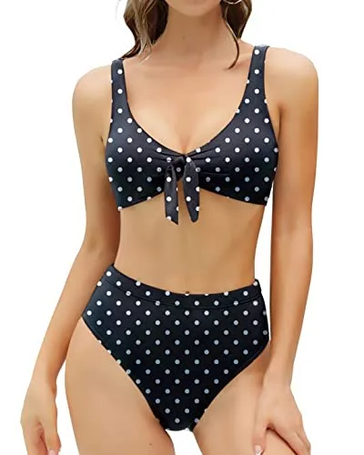 Cheeky Knot Front Two Piece Bikini Set High Waisted Swimsuit For Teens-Black Dot