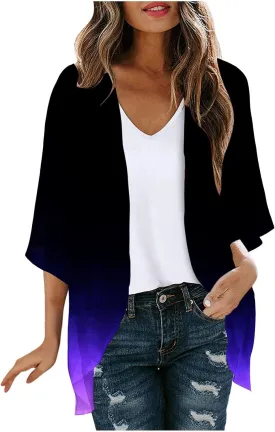 Chiffon Kimonos for Women Boho Beach Cover Ups Plus Size Gardient Color Lightweight Cardigan Tops Summer Resort Wear