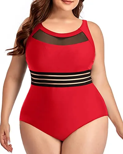 Comfortable Mesh One Piece Swimsuits Plus Size-Red