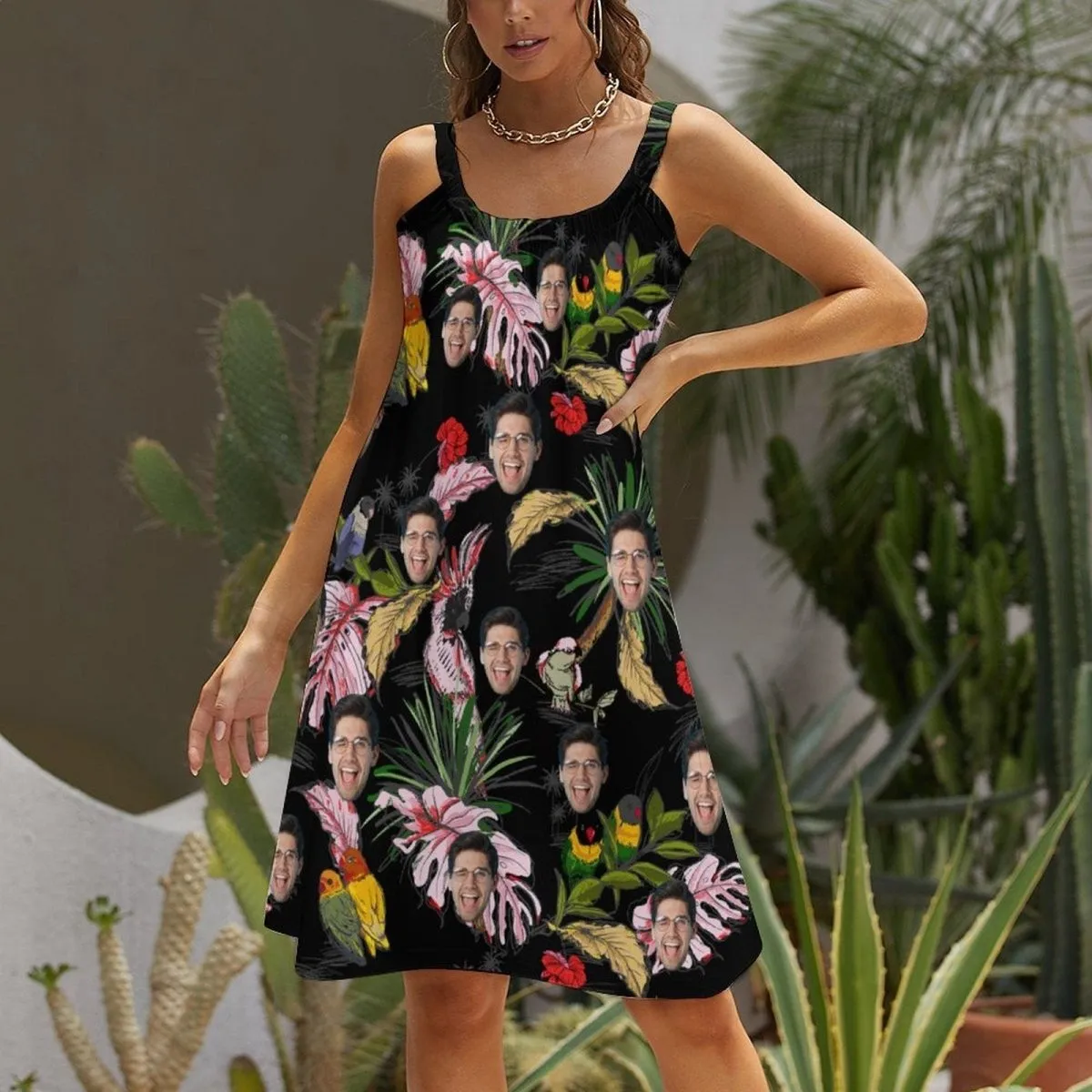 Custom Face Leaf&Birds Black Couple Swim Shorts&Dress Men's Swim Trunks Women's Beach Sling Skirt