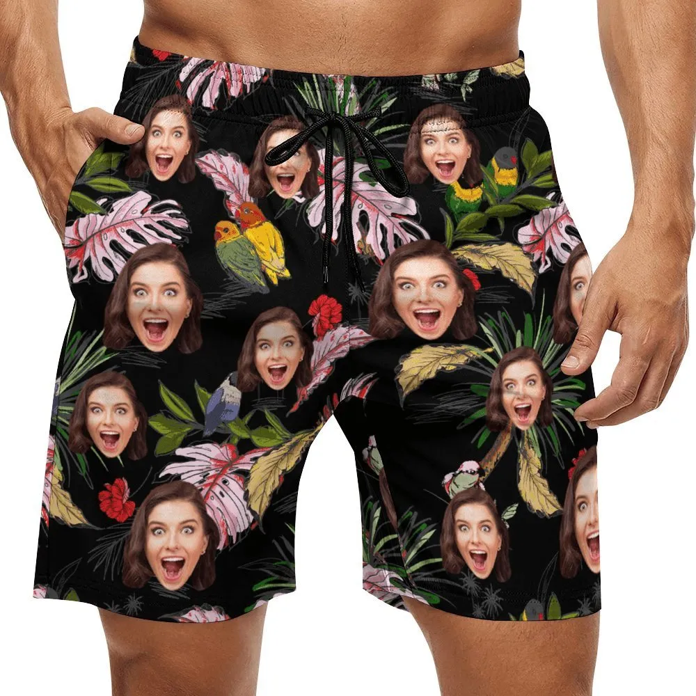 Custom Face Leaf&Birds Black Couple Swim Shorts&Dress Men's Swim Trunks Women's Beach Sling Skirt