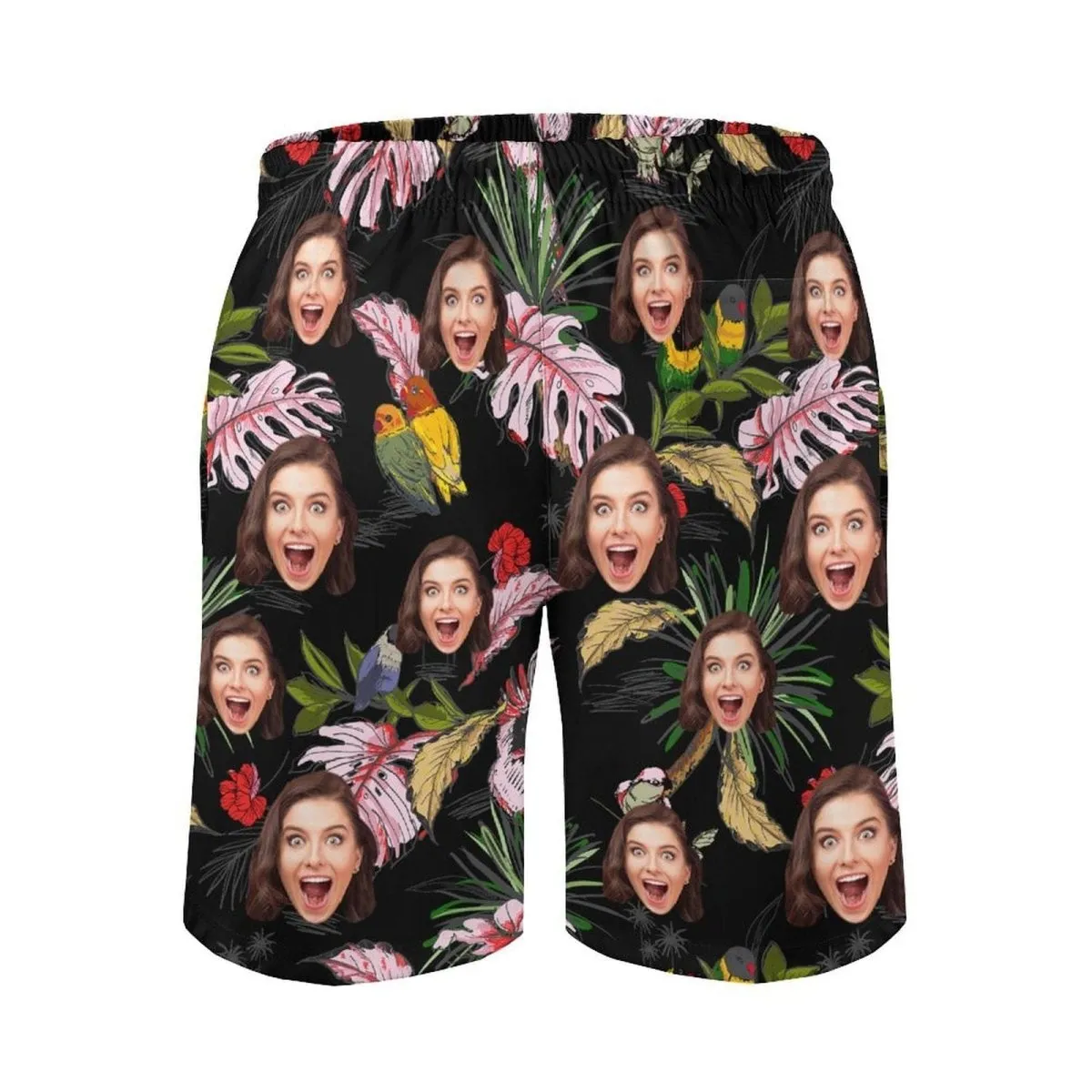 Custom Face Leaf&Birds Black Couple Swim Shorts&Dress Men's Swim Trunks Women's Beach Sling Skirt