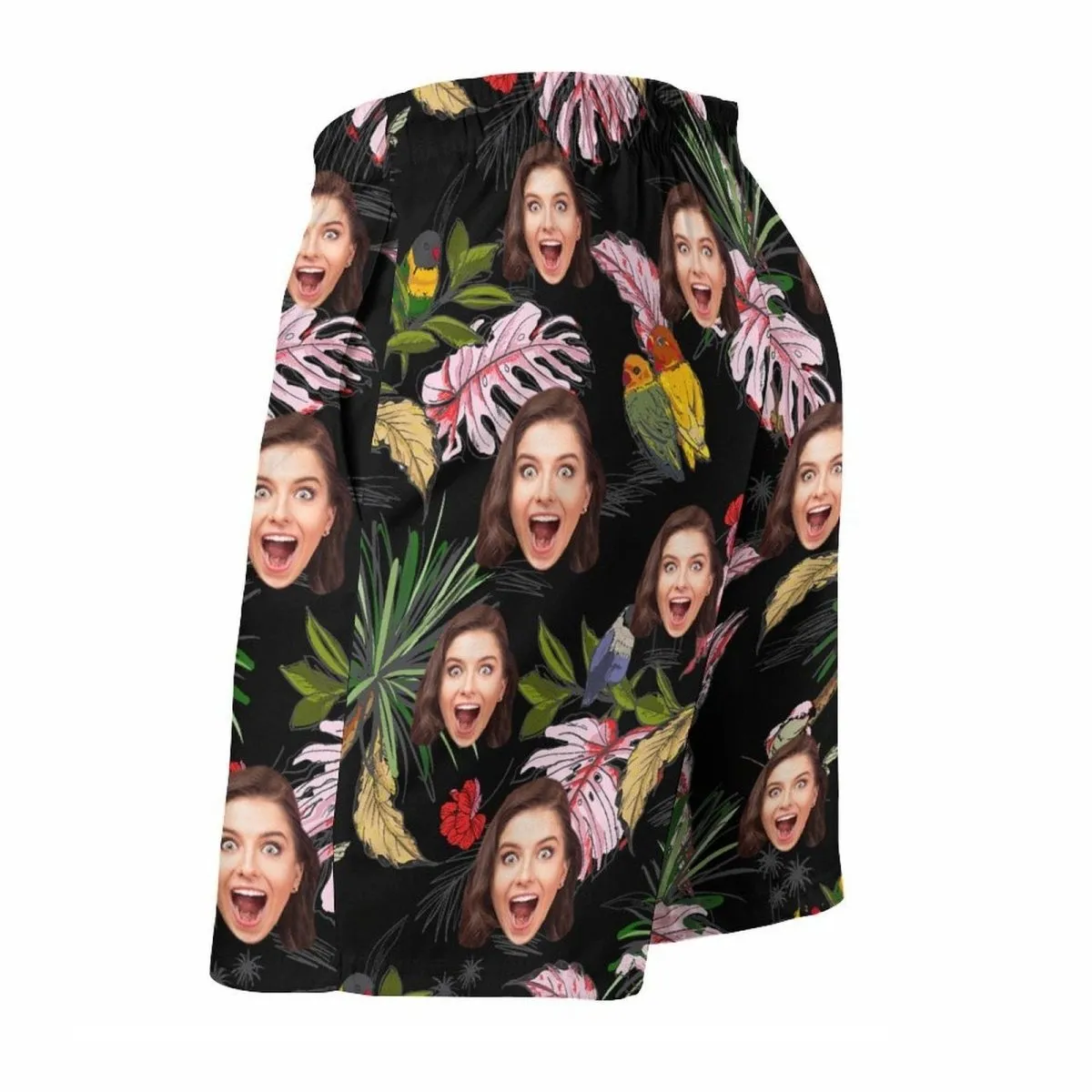 Custom Face Leaf&Birds Black Couple Swim Shorts&Dress Men's Swim Trunks Women's Beach Sling Skirt