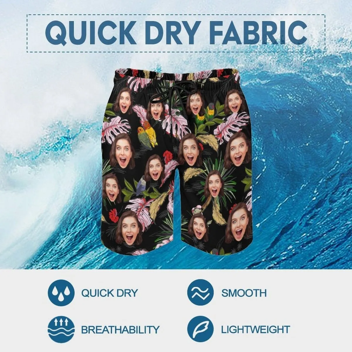 Custom Face Leaf&Birds Black Couple Swim Shorts&Dress Men's Swim Trunks Women's Beach Sling Skirt