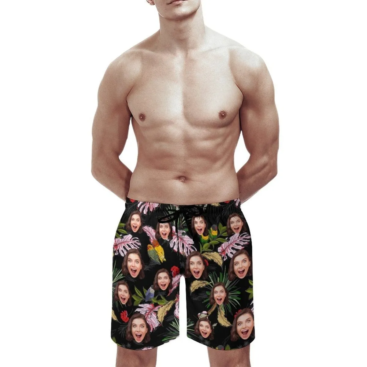 Custom Face Leaf&Birds Black Couple Swim Shorts&Dress Men's Swim Trunks Women's Beach Sling Skirt