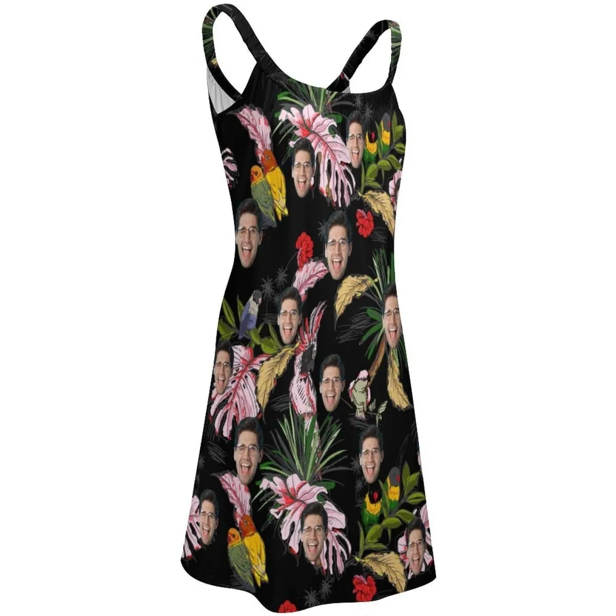 Custom Face Leaf&Birds Black Couple Swim Shorts&Dress Men's Swim Trunks Women's Beach Sling Skirt