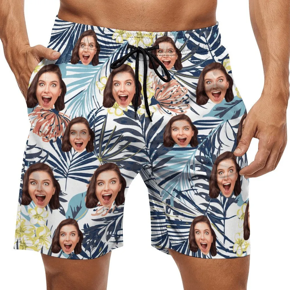 Custom Face Leaves Couple Swim Shorts&Dress Men's Swim Trunks Women's Beach Sling Skirt