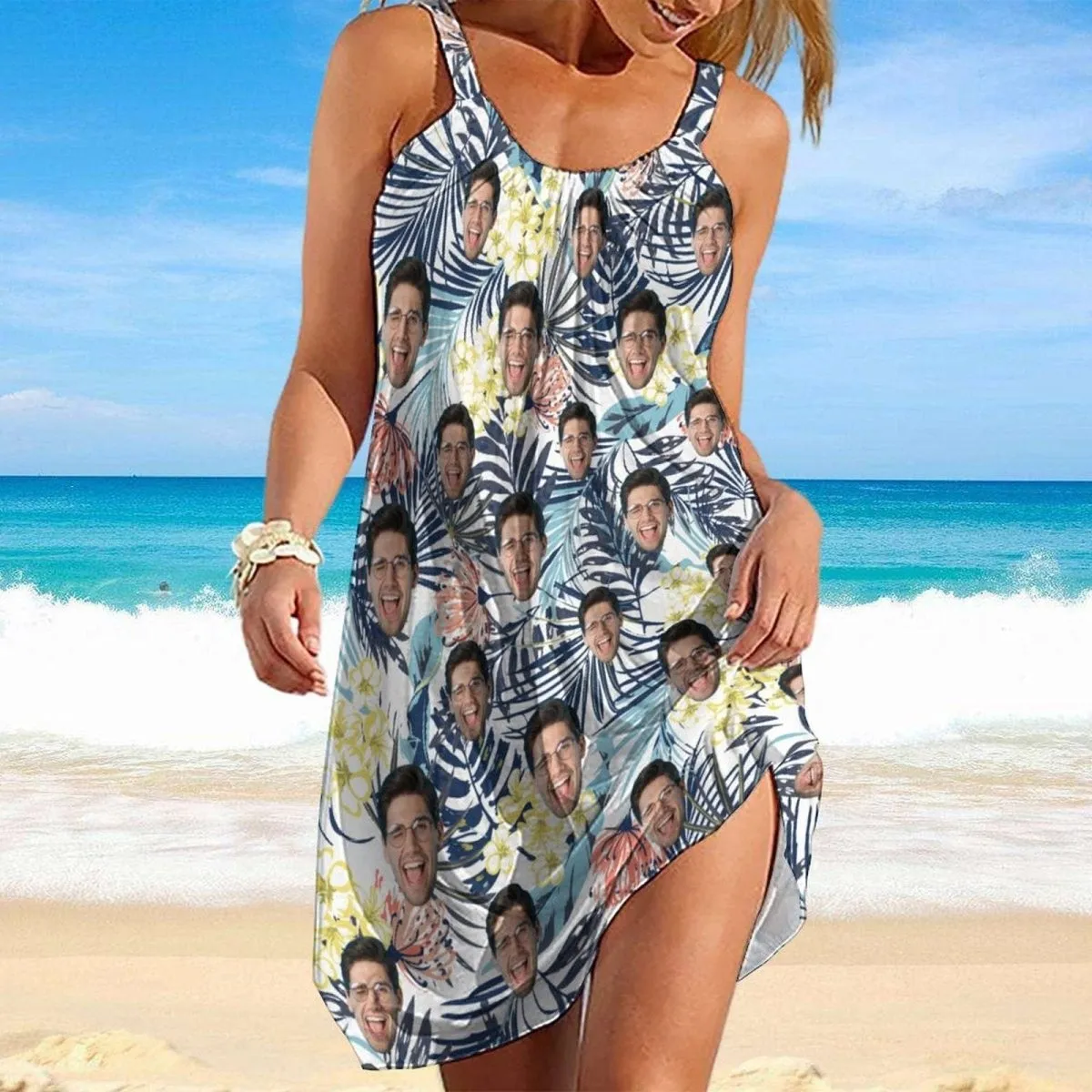 Custom Face Leaves Couple Swim Shorts&Dress Men's Swim Trunks Women's Beach Sling Skirt