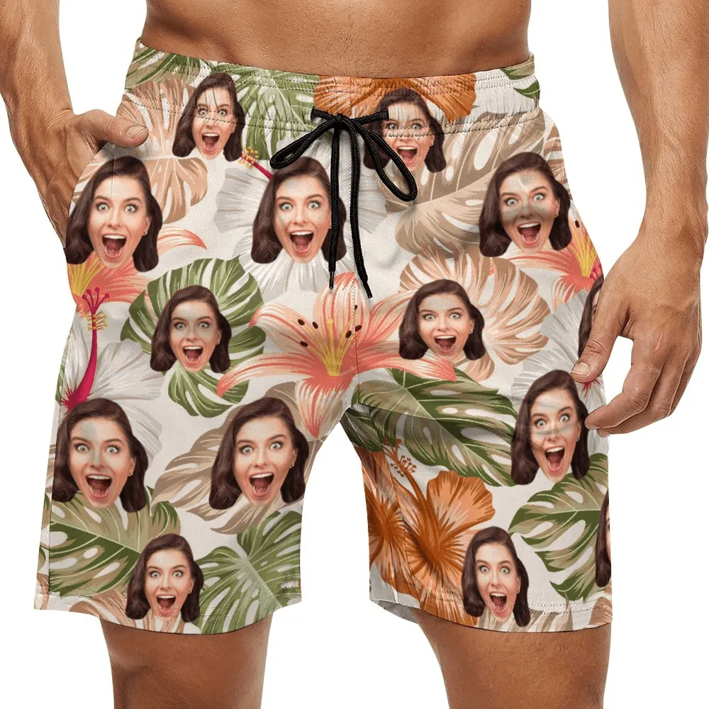Custom Face Tropical Leaves Couple Swim Shorts&Dress Men's Swim Trunks Women's Beach Sling Skirt