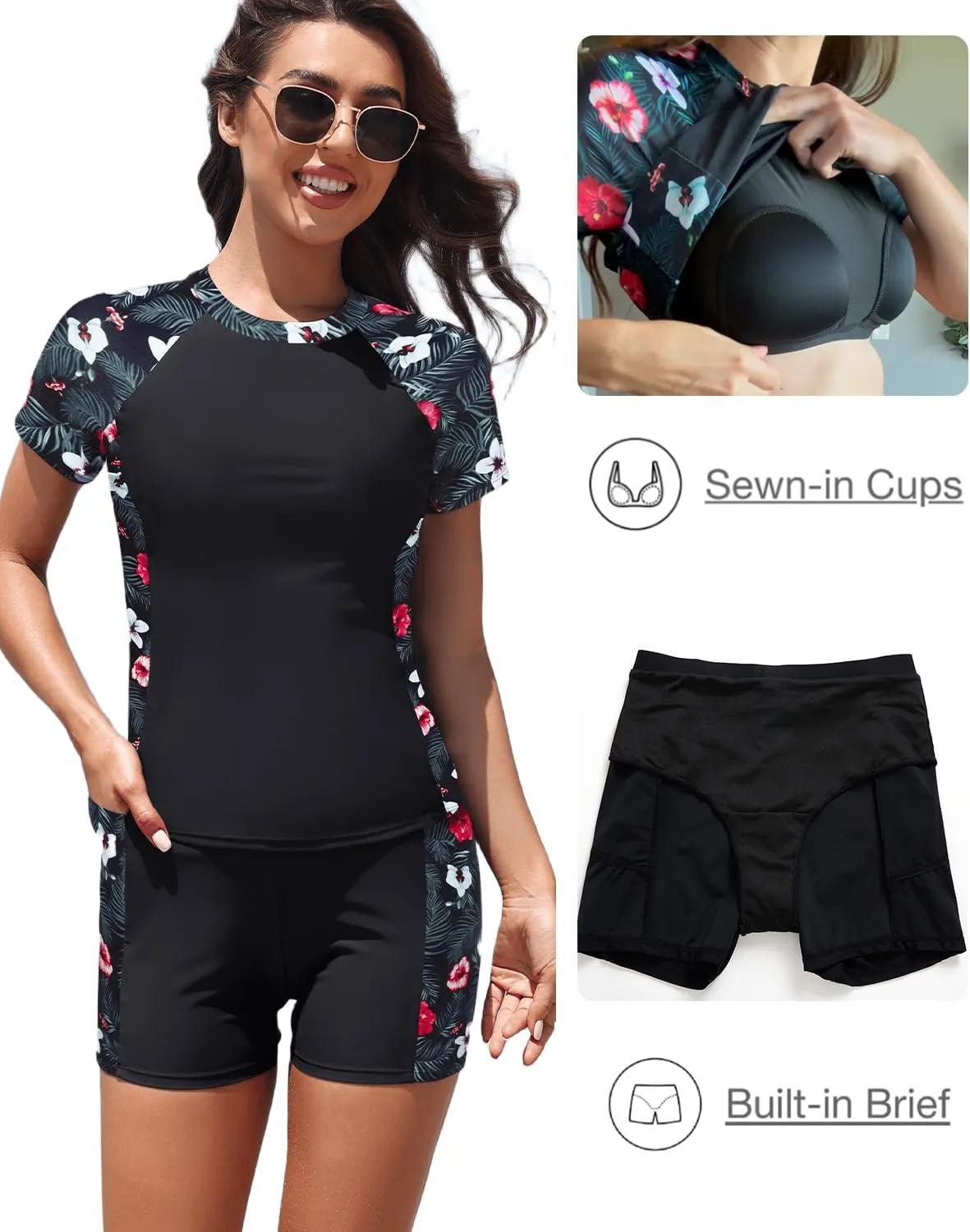 Daci Women's Two Piece Rash Guard - Short Sleeve Swim Shirt with Built-in Bra and Shorts with Pockets