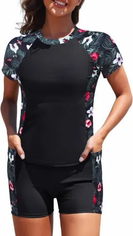 Daci Women's Two Piece Rash Guard - Short Sleeve Swim Shirt with Built-in Bra and Shorts with Pockets