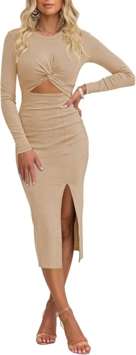 Duigluw Women Cutout Long Sleeve Crewneck Twist Front Crisscross Ruched Split Bodycon Midi Dress