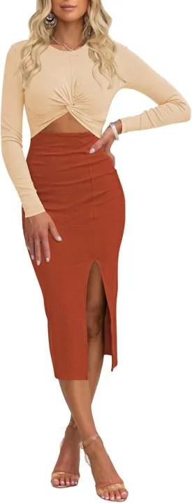 Duigluw Women Cutout Long Sleeve Crewneck Twist Front Crisscross Ruched Split Bodycon Midi Dress