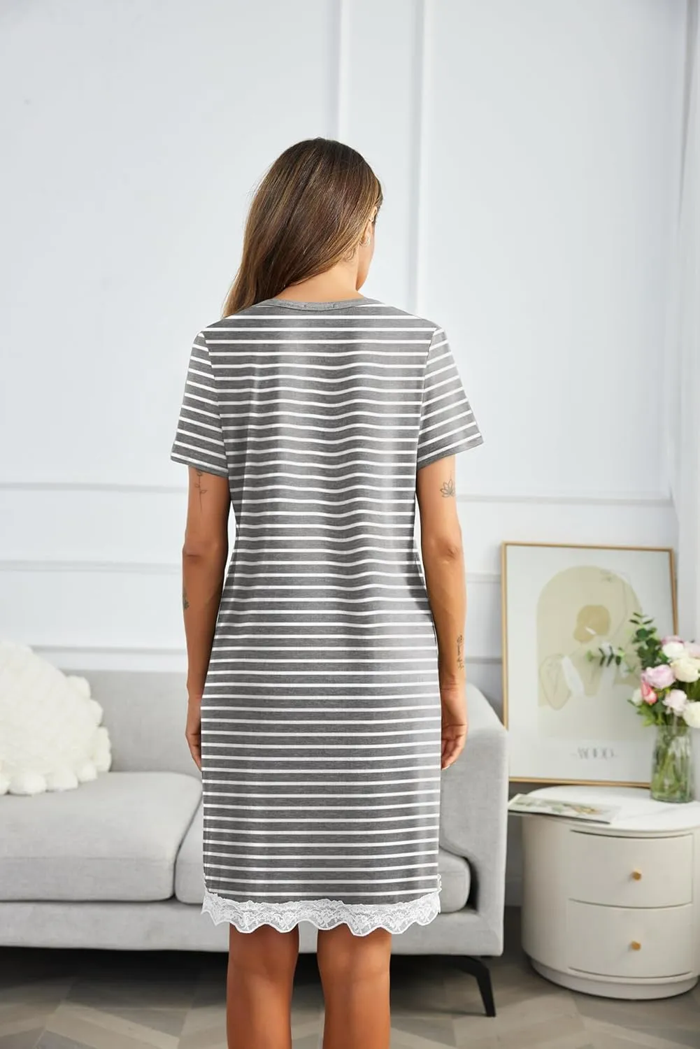 Ekouaer Women Striped Nightgowns Button Down Sleepshirts Short Sleeves Nightshirts