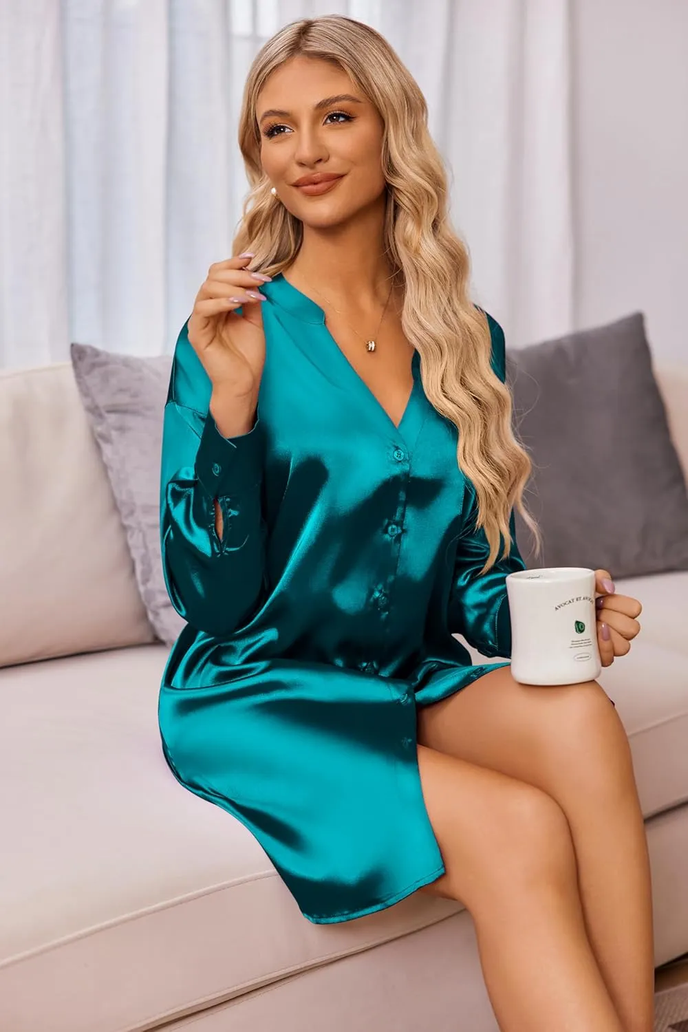 Ekouaer Women's Satin Nightgown Button Down Sleepshirt Silk Long Sleeve Nightshirt Boyfriend Sleepwear