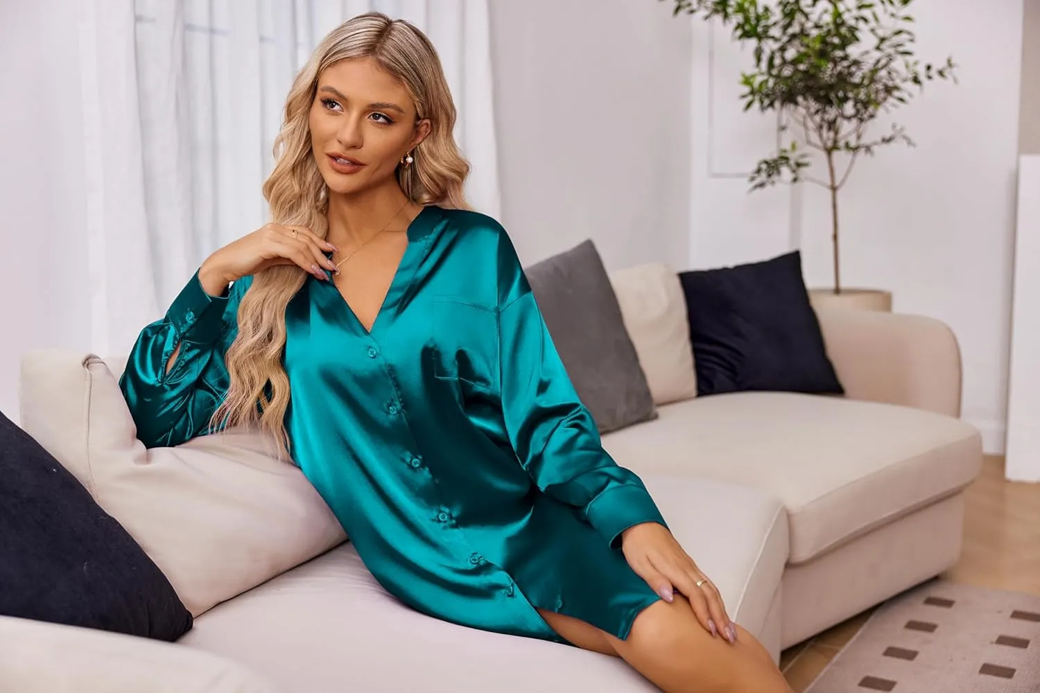 Ekouaer Women's Satin Nightgown Button Down Sleepshirt Silk Long Sleeve Nightshirt Boyfriend Sleepwear