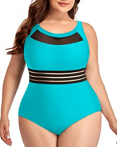 Fashionable Vintage High Neck One Piece Swimsuits Plus Size-Aqua