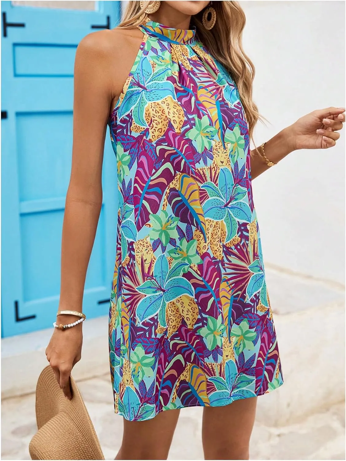 Floerns Women's Sleeveless Floral Print Sundress Halter Neck A Line Short Dress
