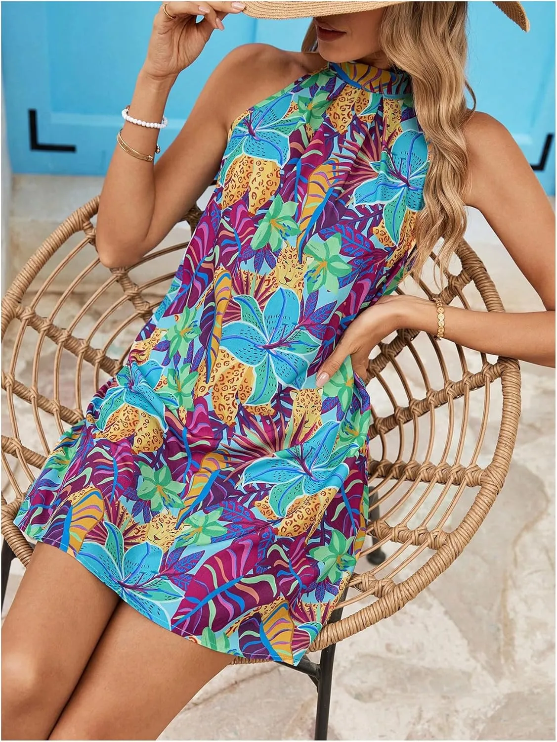 Floerns Women's Sleeveless Floral Print Sundress Halter Neck A Line Short Dress