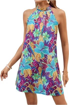 Floerns Women's Sleeveless Floral Print Sundress Halter Neck A Line Short Dress