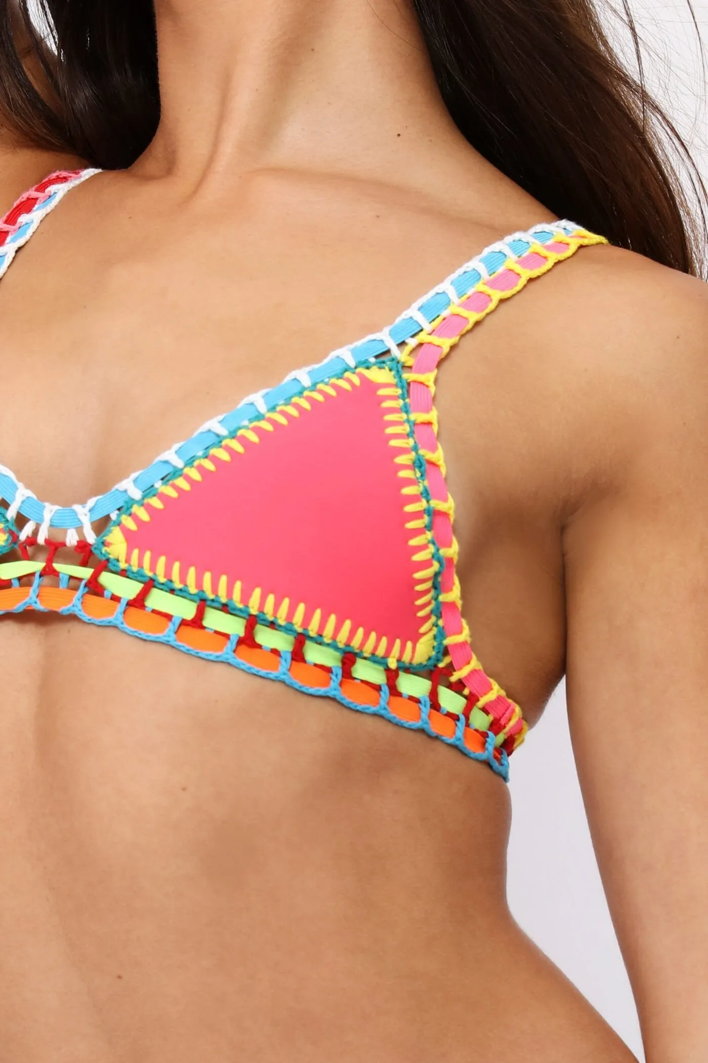Fuchsia Neon Embroidered Triangle Bikini Top