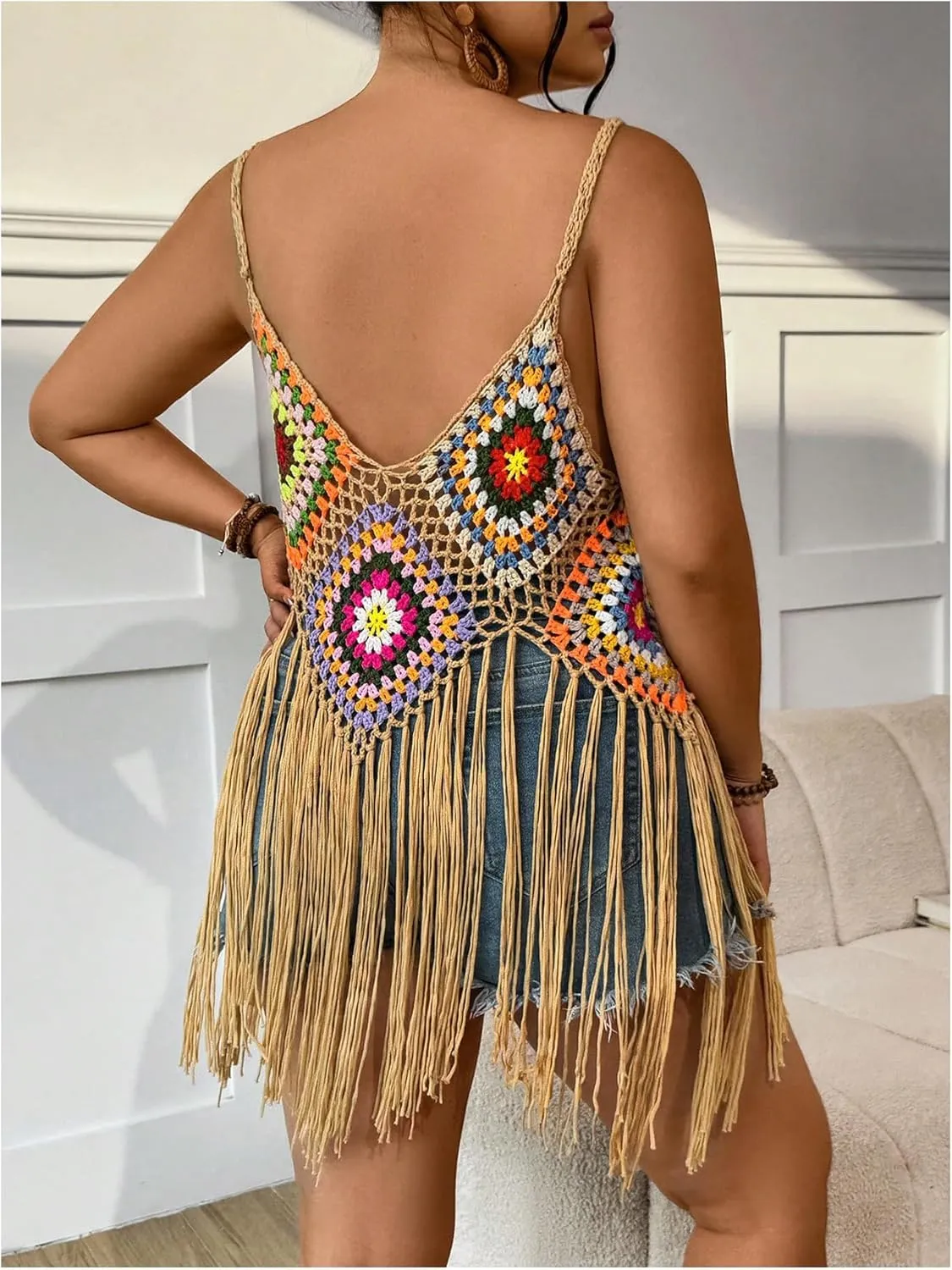 GORGLITTER Women's Plus Size Crochet Top Fringe Sleeveless Boho Knitted Tank Tops