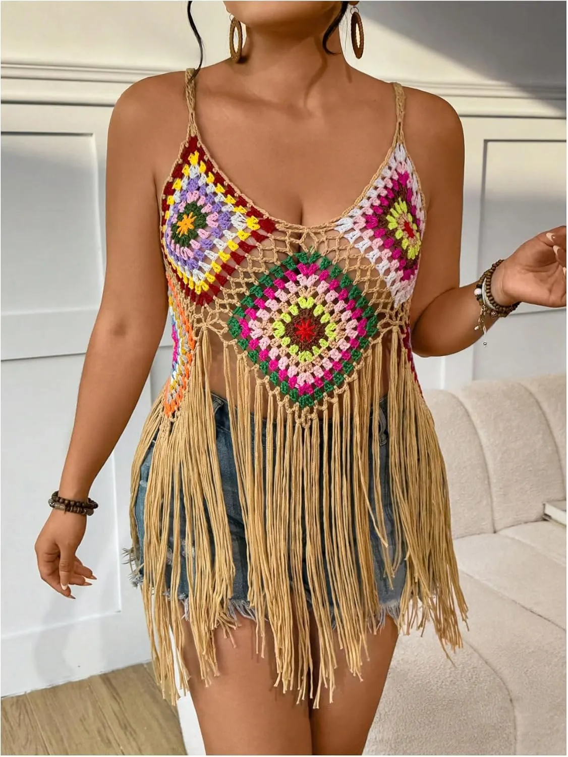 GORGLITTER Women's Plus Size Crochet Top Fringe Sleeveless Boho Knitted Tank Tops