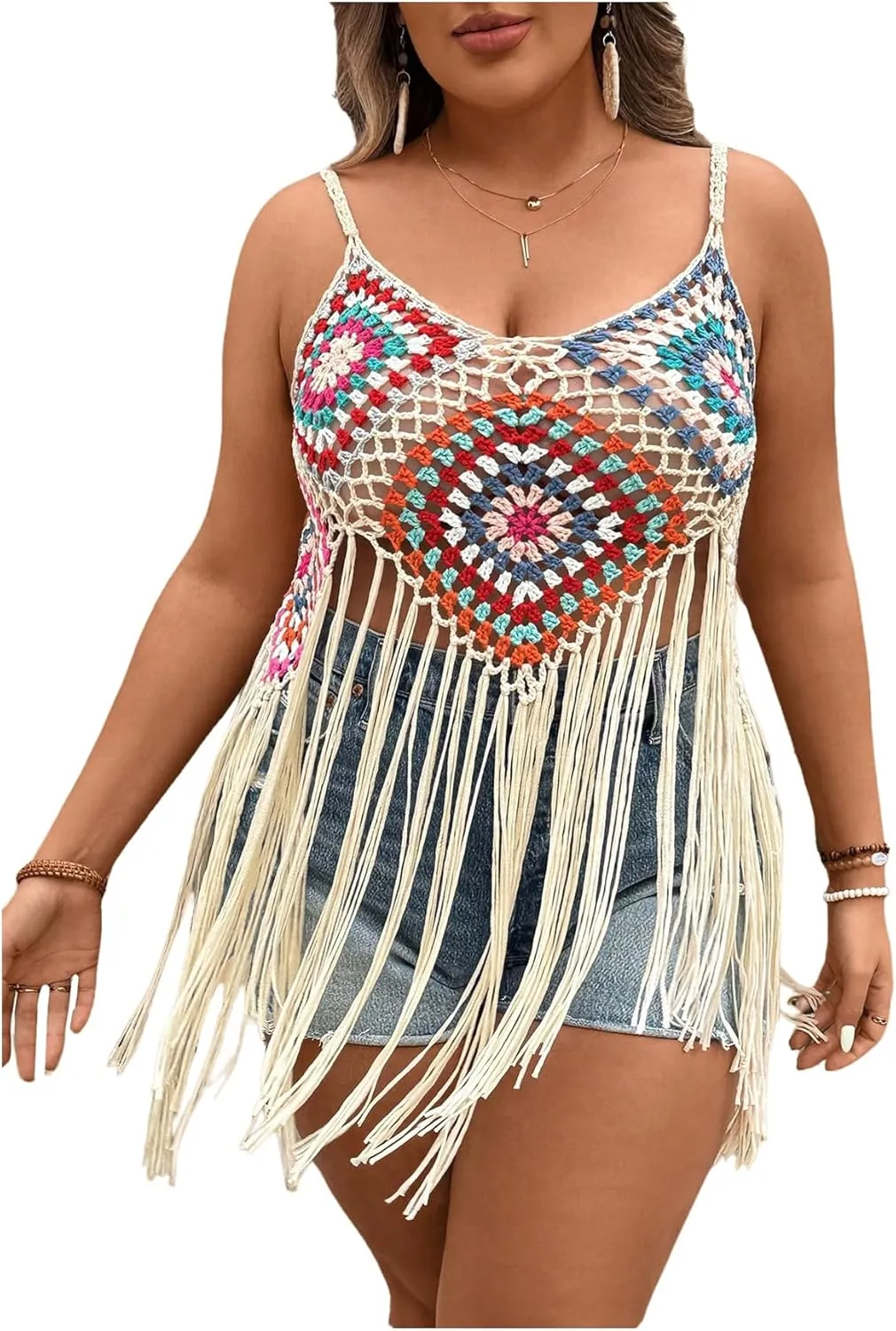 GORGLITTER Women's Plus Size Crochet Top Fringe Sleeveless Boho Knitted Tank Tops