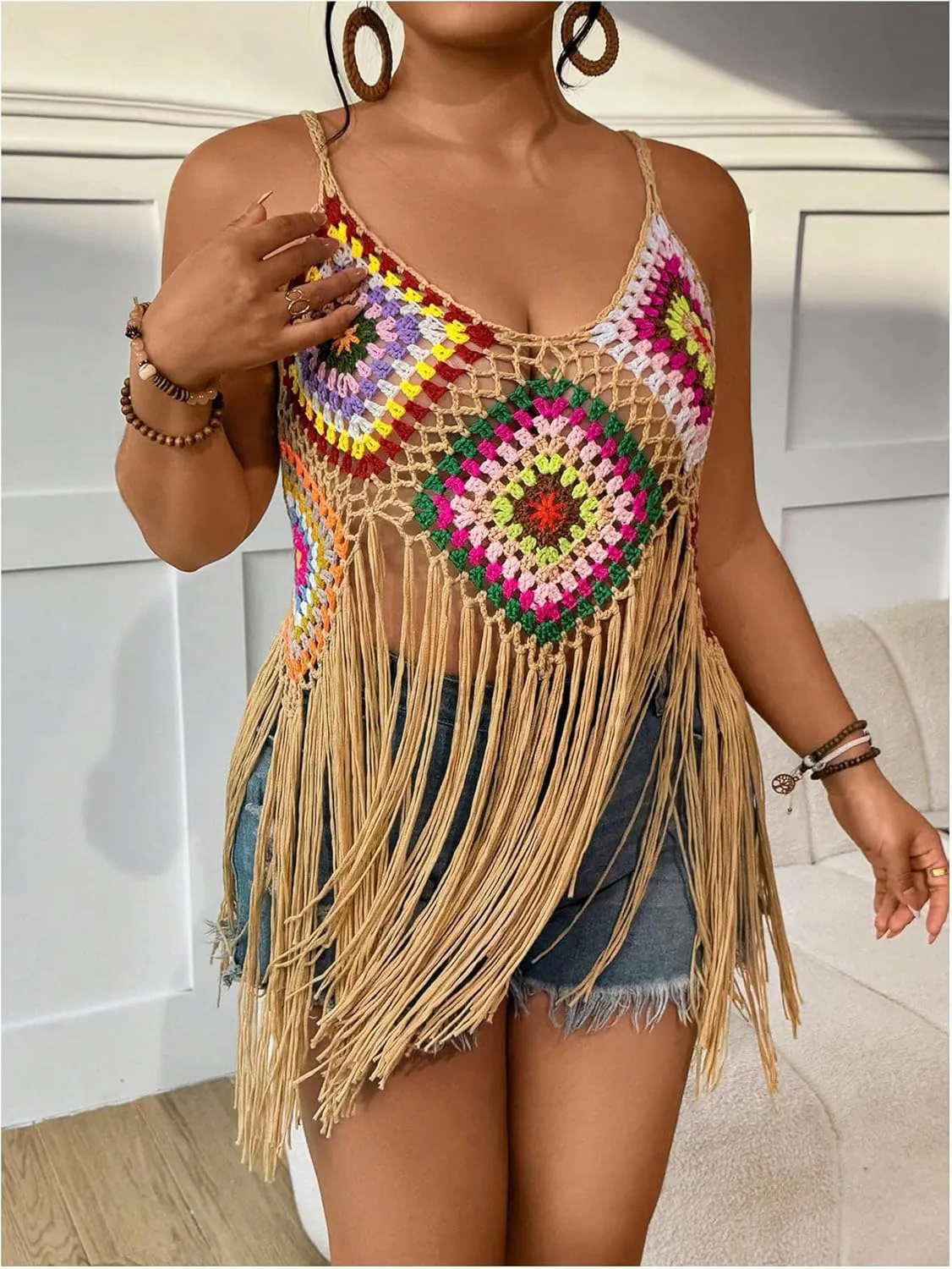 GORGLITTER Women's Plus Size Crochet Top Fringe Sleeveless Boho Knitted Tank Tops