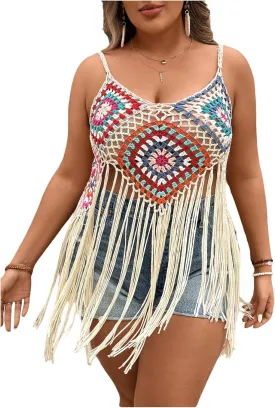 GORGLITTER Women's Plus Size Crochet Top Fringe Sleeveless Boho Knitted Tank Tops