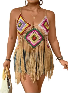 GORGLITTER Women's Plus Size Crochet Top Fringe Sleeveless Boho Knitted Tank Tops
