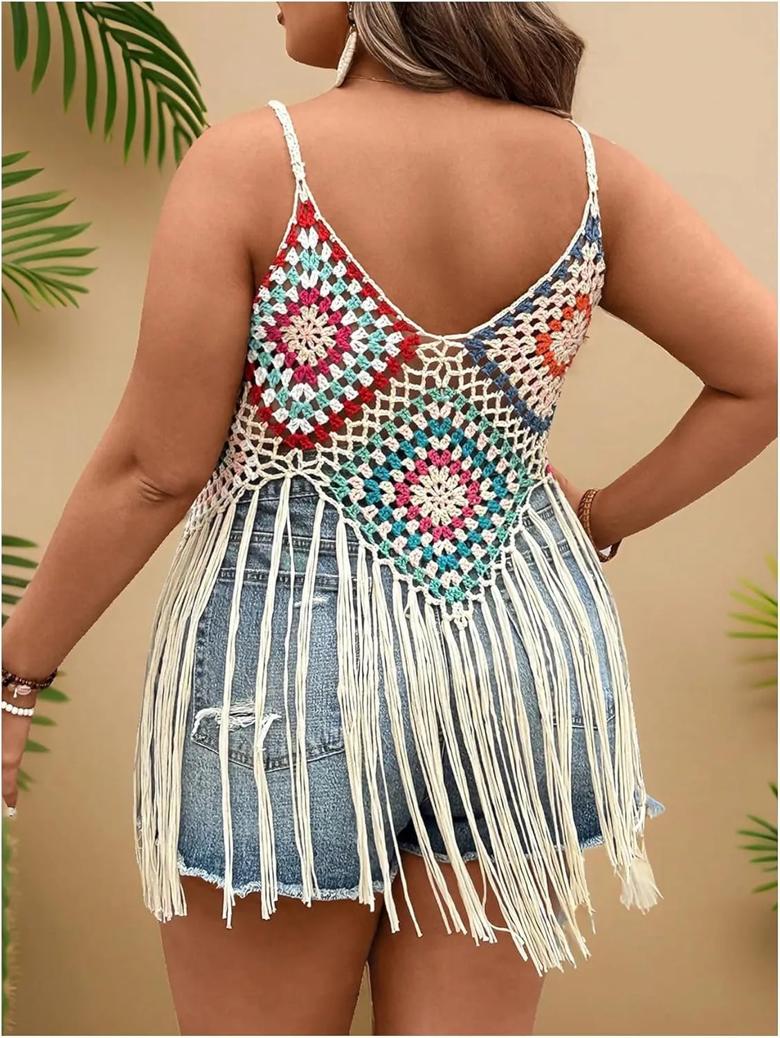 GORGLITTER Women's Plus Size Crochet Top Fringe Sleeveless Boho Knitted Tank Tops