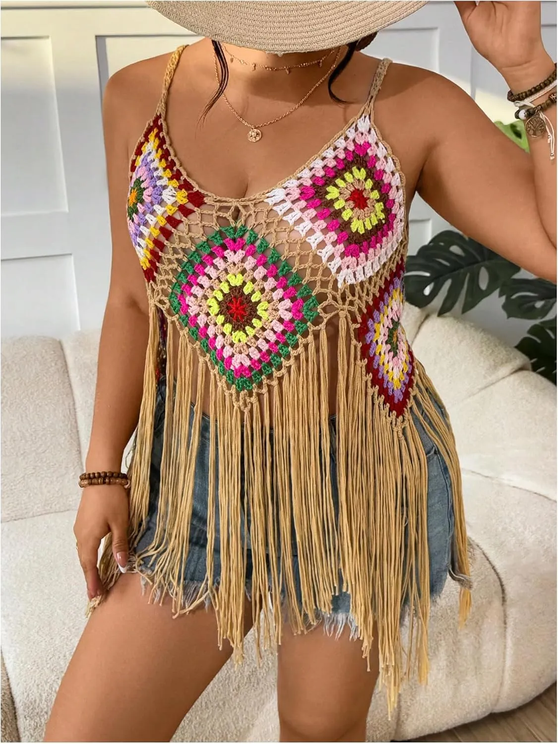 GORGLITTER Women's Plus Size Crochet Top Fringe Sleeveless Boho Knitted Tank Tops
