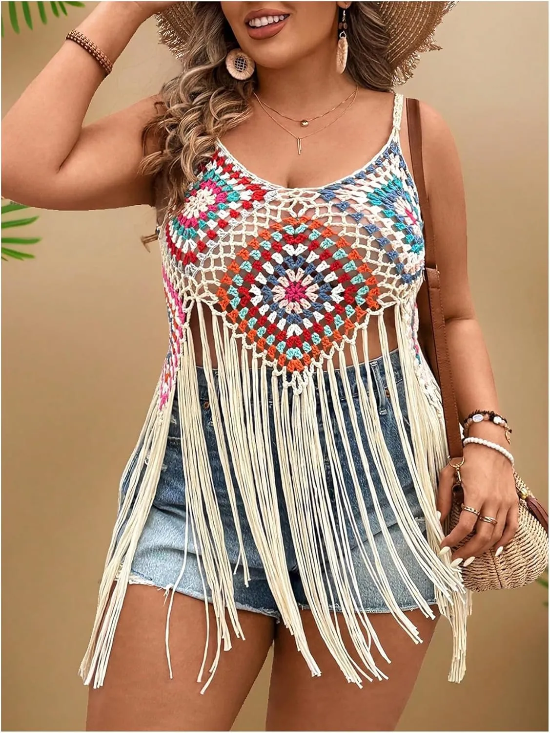 GORGLITTER Women's Plus Size Crochet Top Fringe Sleeveless Boho Knitted Tank Tops