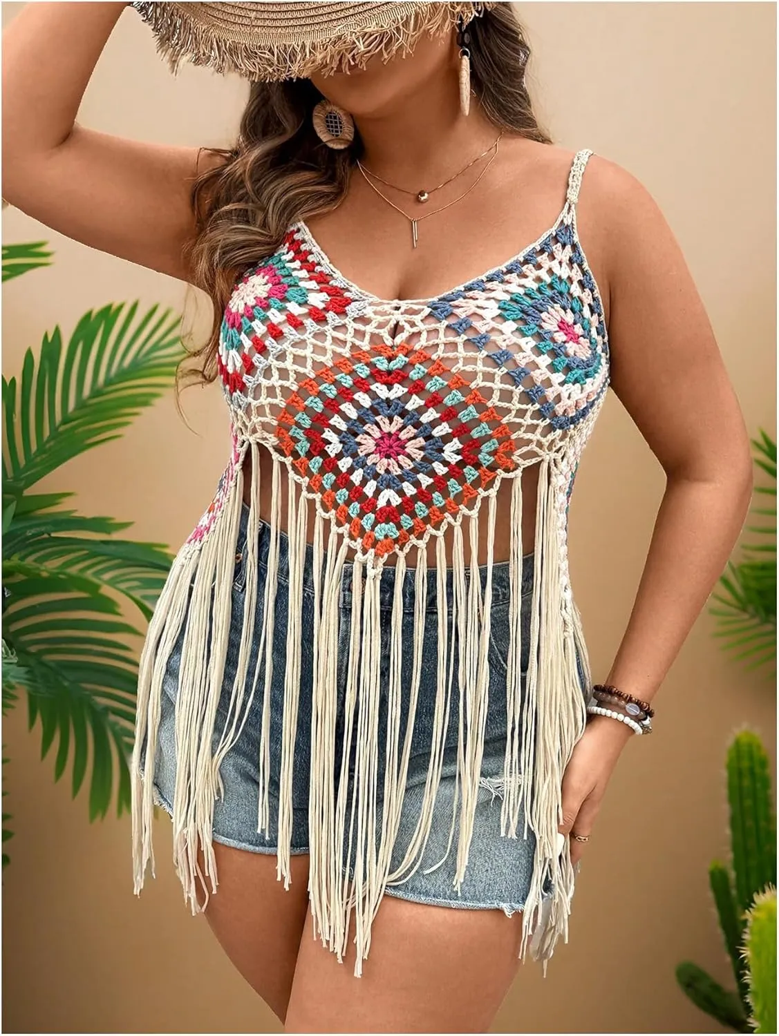GORGLITTER Women's Plus Size Crochet Top Fringe Sleeveless Boho Knitted Tank Tops